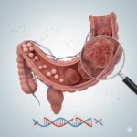 Kolorektal kræft symboliseret ved et tarmstykke, hvor der er lagt et forstørrelsesglas over.