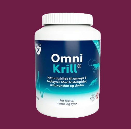 Krill-olie symboliseret ved en hvid pillebøtte i plast med påskriften Omni Krill.