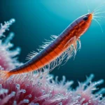 Krill-olie symboliseret ved en krill i blåt vand. Den er selv orange-rød med fimrehår.