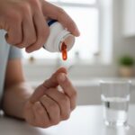 Krill-olie symboliseret ved et pilleglas i hvid plast, hvorfra der hældes en gylden-brun kapsel ud i en hånd. Ved siden af står et glas med vand.