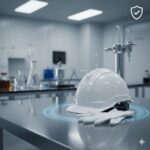 Krill-olie symboliseret ved en hvid hjelm der ligger på en stor flade. op ad væggen står computere og måleapparater.