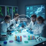 Krill-olie symboliseret ved et forskerteam der står i et laboratorie. forskellige glas foran dem. De har blå handsker på og hvide kitler.