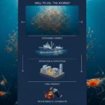 Krill-olie symboliseret ved en planche med virkning af krill. Øverst en stime. Nederst forarbejdet produkt. Blå baggrund.