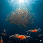 Krill-olie symboliseret ved billede af stimer af krill i hav og nederst nogle enkelte krill i orangerødt.