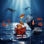 Krill-olie symboliseret ved et billede af hav med kapsler med olie i midten, til venstre krill og til højre en pillebøtte.