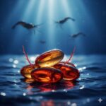 Krill-olie symboliseret ved nogle gyldne kapsler med olie og blå havagtig baggrund. Men kegleformet lys ned over dette.