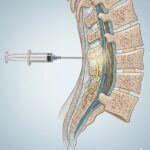 Lumbalpunktur symboliseret ved rygmarv som tegning med kanyle og sprøjte der viser indstikssted.