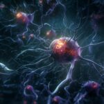 Lumbalpunktur symboliseret ved nogle celler med fangarme i lilla. Blå baggrund.