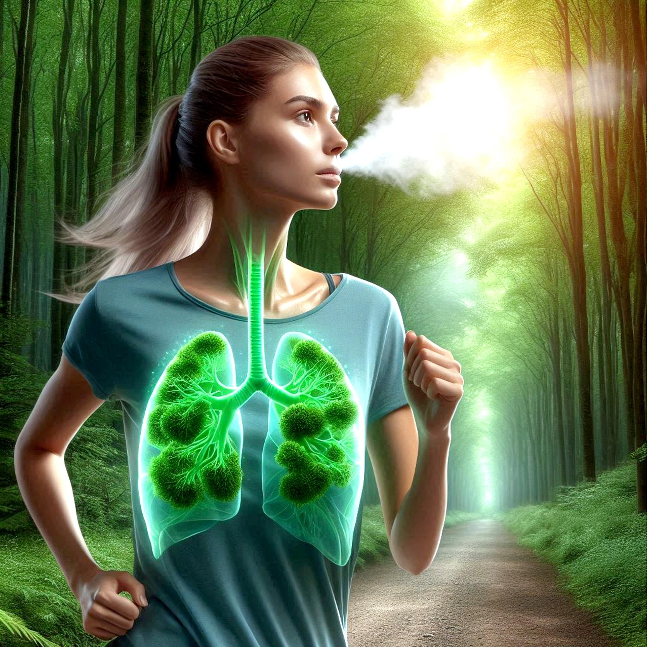 Lungefunktionstest symboliseret ved en kvinde der løber i en skov. Hendes lunger kan ses lysende grønt udenpå trøjen og hendes udånding er en lys damp fra munden.