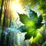 Lungefunktionstest symboliseret ved et billede fra en skov, hvor der ses et ahornblad forrest i billedet og nogle blå bobler omkring dette.