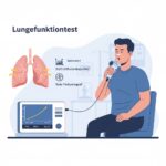 Lungefunktionstest symboliseret ved en tegning af en mand der sidder med en slange til måling af åndedræt. Denne er koblet til en computer. Over denne er vist tegning af et sæt lunger.