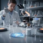 MSM. Methylsulfonylmethan - svovl - symboliseret ved en mand i et laboratorie. Han står med et glasrør og hælder noget over i en bægerglas. I forgrunden glasflaske og skål med hvidt og lyseblåt pulver.