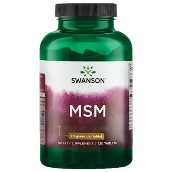 MSM. Methylsulfonylmethan - svovl - symboliseret ved et grøn pilleglas fra Swanson med påskriften MSM