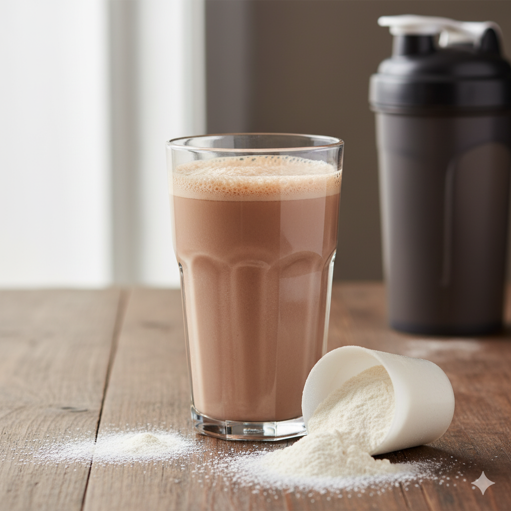 Maltodextrin og kræft symboliseret ved et glas med en proteindrik og noget pulver på bordet. Bag dette en termoflaske.