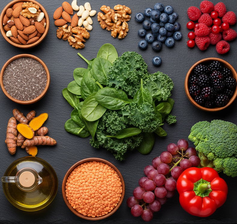 Mikronæringsstoffer og kræft symboliseret ved forskellige slags nødder, bær, krydderurter, rød peber og pulvere.