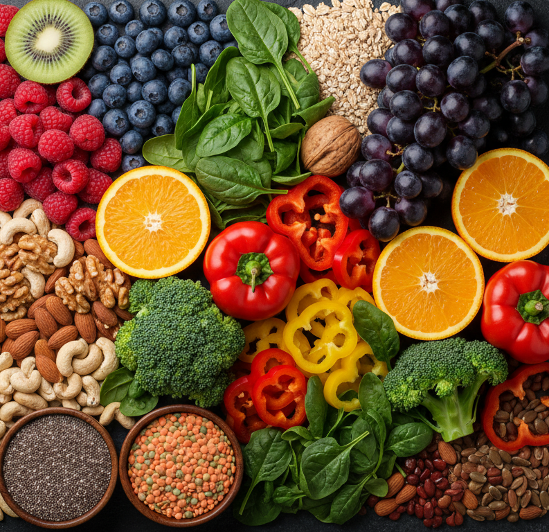 Mikronæringsstoffer og kræft symboliseret ved en masse grøntsager og frugter og nødder og linser.