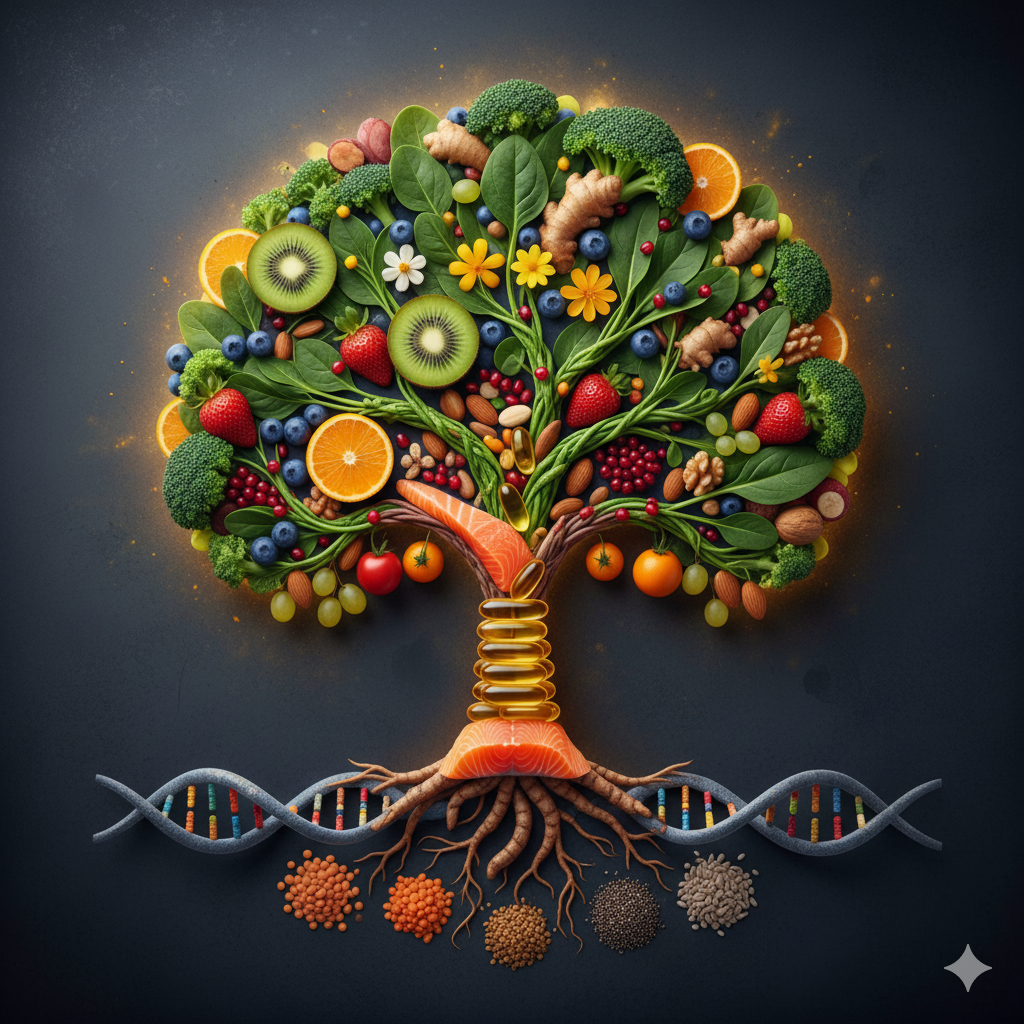 Mikronæringsstoffer og kræft symboliseret ved et stilistisk træ, hvor kronen består af grønt og frugt.