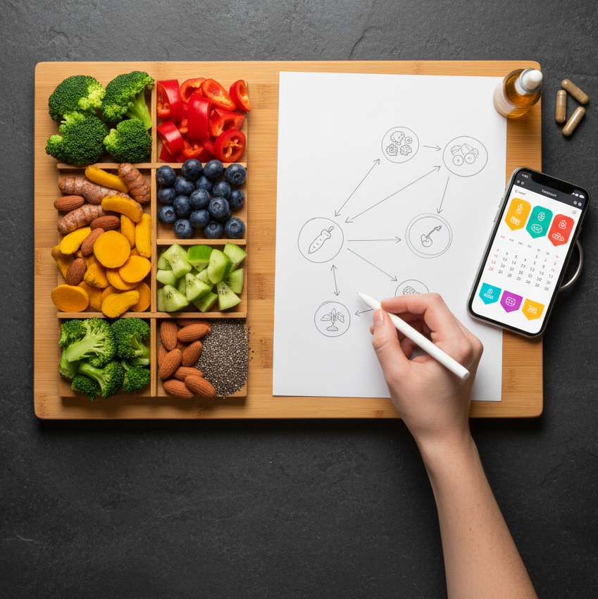 Mikronæringsstoffer og kræft symboliseret ved en skriveblok, en hånd med en pen, en mobil, slået op på en app, og 8 felter med bær og grøntsager.