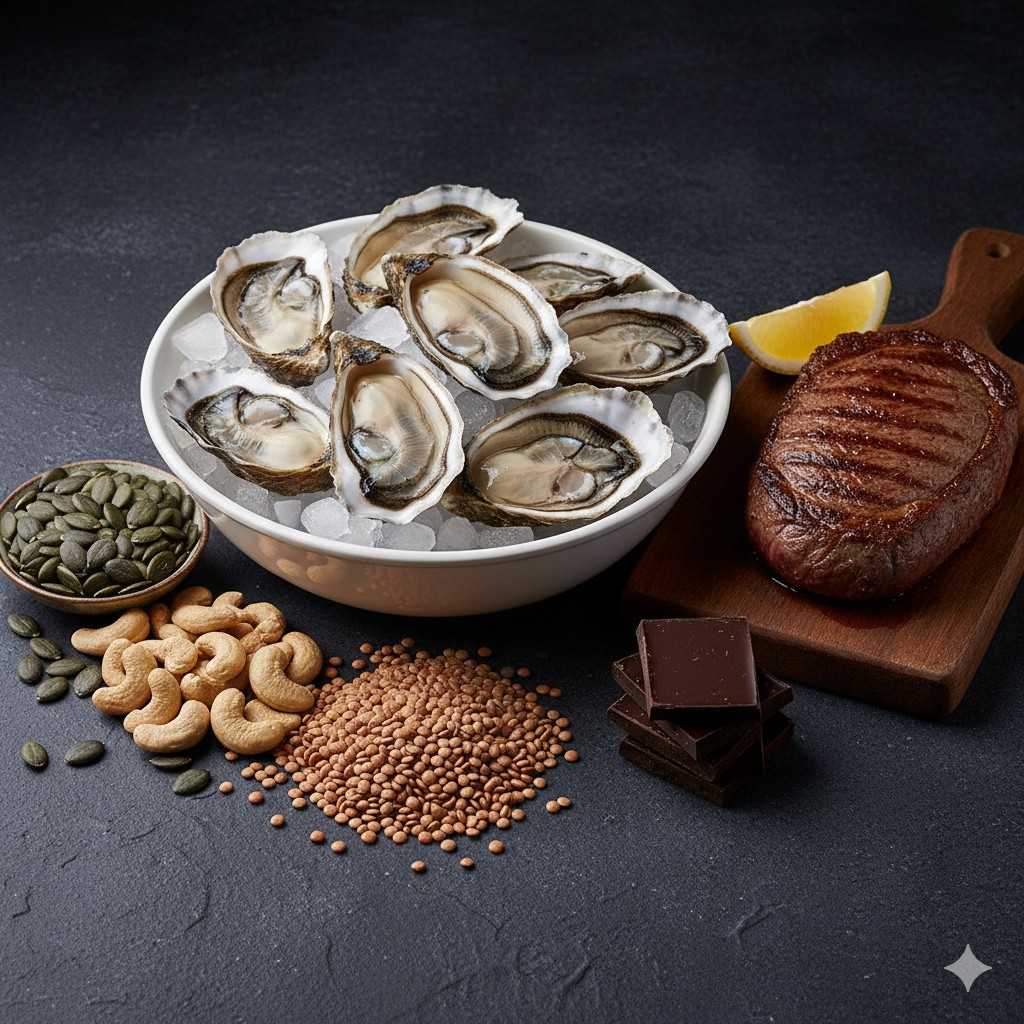Mikronæringsstoffer og kræft symboliseret ved en skål med østers, nødder, brunt pulver, chokolade og oksekød.