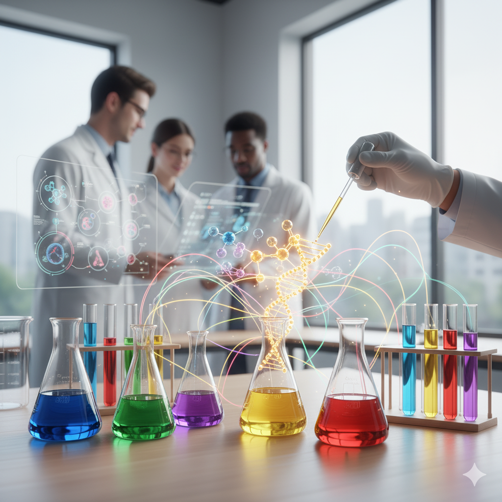 Mikronæringsstoffer og kræft symboliseret ved et laboratorie med nogle medarbejdere i hvide kitler og nogle glaskolber der står med farvet væske i forgrunden.