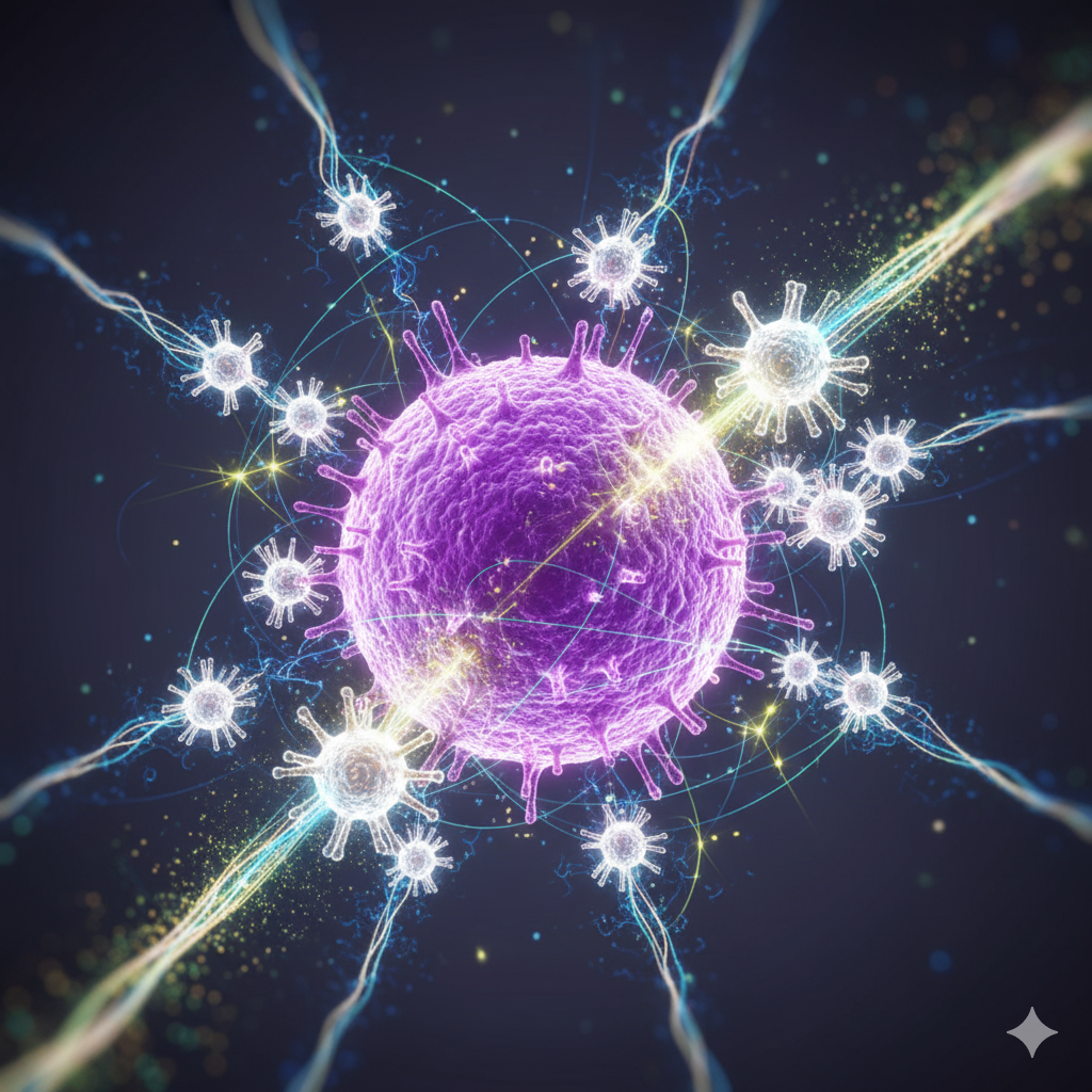 Mikronæringsstoffer og kræft symboliseret ved en celler der bliver forsøgt angrebet fra alle sider. Sort baggrund.