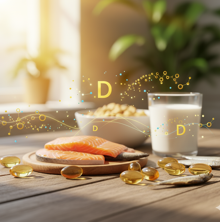 Mikronæringsstoffer og kræft symboliseret ved et køkkenbord med laks, gyldne kapsler og et glas mælk.