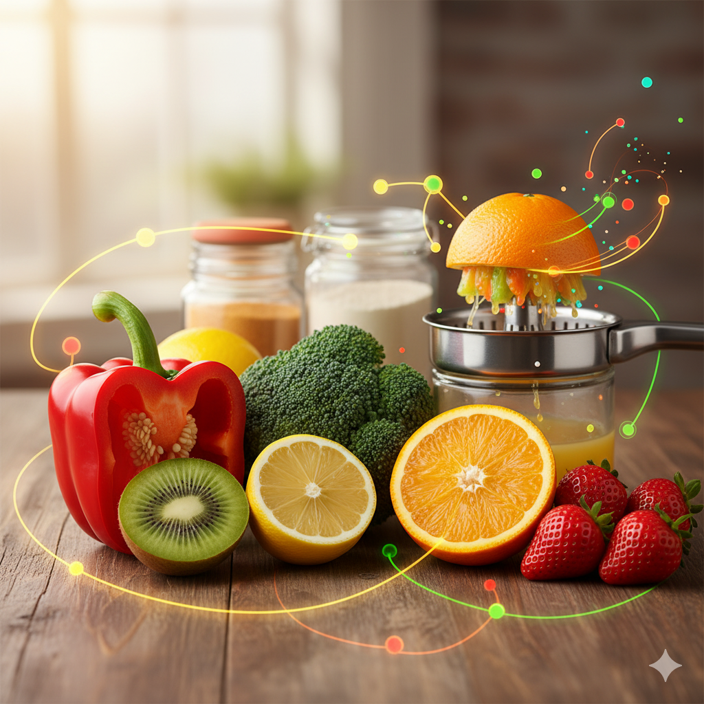 Mikronæringsstoffer og kræft symboliseret ved forskellige frugter og grøntsager.