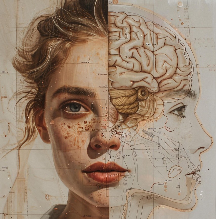 Neurologisk undersøgelse symboliseret ved kvindeansigt der viser det ydre set forfra til venstre og hjernen set i profil til højre. Tegning.