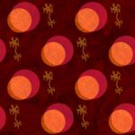 Neuropsykologiske tests symboliseret ved mønster af orange og røde cirkler let forskudt over hinanden og små enkle blomster i gullig farve. Mørkrød baggrund.