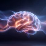 Neuropsykologiske tests symboliseret ved model af hjerne i lysende blå og hvid med udstråling i samme farver. Mørk baggrund.