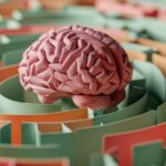 Neuropsykologiske tests symboliseret ved model af hjerne placeret på model af rum, ordnet cirkulært som labyrint. Grønne og orange farver.