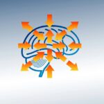 Neuropsykologiske tests symboliseret ved tegning af hjerne i blå streg på lys blå baggrund. Orange pile peger ind og ud fra området.