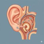 Ørekræft symboliseret ved tegning af øre og snit i indre øre. Lyseblå baggrund.