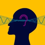 Ørekræft symboliseret ved sort silhuet af hoved med lilla kontur af øre og grønne lydbølger der går igennem og ud på den anden side. Gul-orange baggrund.