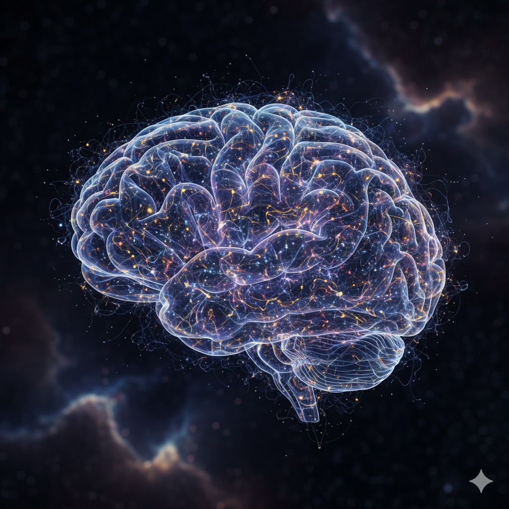 Oligodendrogliom symboliseret ved lysende blå model af hjerne på sort baggrund.