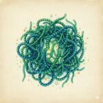 Spirulina symboliseret ved planche af grønne spirulinaalger der danner en rundkreds. Lys baggrund.