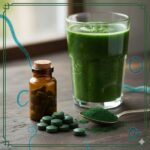 Spirulina symboliseret ved et klart glas med grøn drik, en ske med grønt pulver og nogle grønne piller. Et pilleglas i brunt med korkprop, hvori der også ligger nogle piller. Brunt træbord det hele er placeret på.