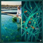 Spirulina symboliseret ved en mand der høster alger fra et bassin med vand og højre side af billedet er der vist algerne forstørret.