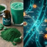 Spirulina symboliseret ved til venstre glas med grøn væske, grønt pulver, grønne piller og et pilleglas i brunt glas. Til højre nogle forstørrede alger.