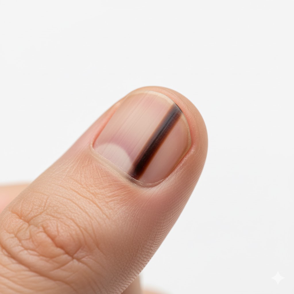 Subungualt Melanom symboliseret ved tommelfingernegl med rød streg der går i hele neglens længde.