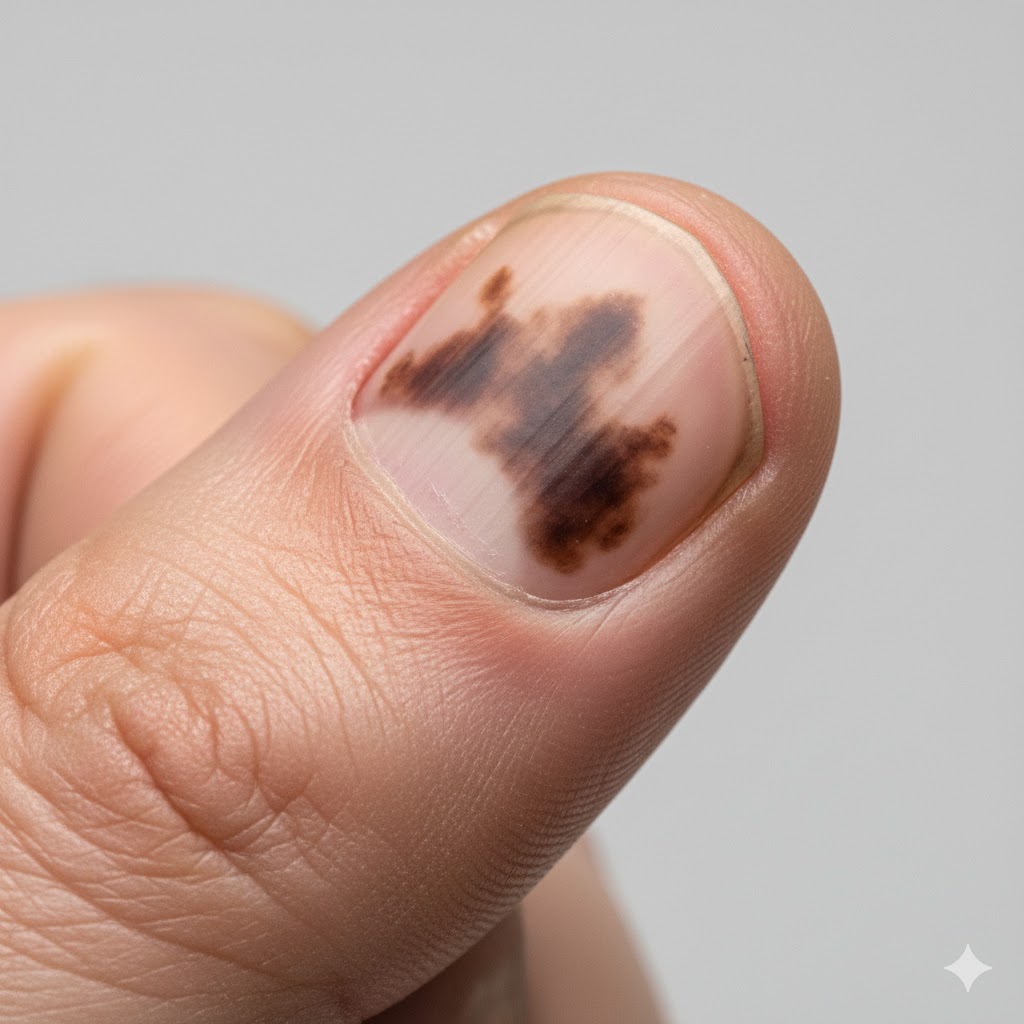 Subungualt Melanom symboliseret ved rød plamage i neglene fulde bredde. Tommelfinger.