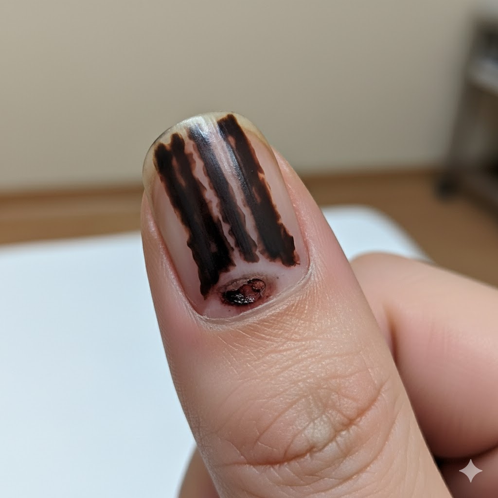 Subungualt Melanom symboliseret ved tommelfingernegl fra kvinde, hvor der ved roden ses mistænkeligt område. Afskallet neglelak i damme farve på resten af fingeren.