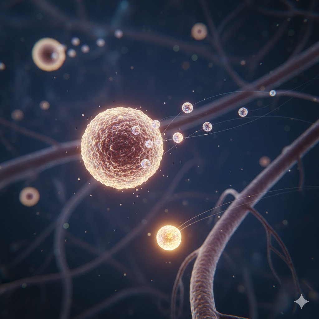 Tumormarkører symboliseret ved en lys rund celle og strenge der løber bag denne. Mørk baggrund med flere mindre celler.