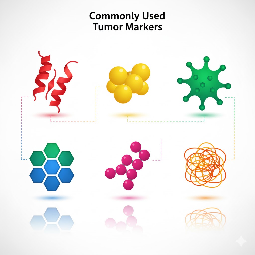 Tumormarkører symboliseret ved planche med skitser af typiske molekyler i forskellige farver.