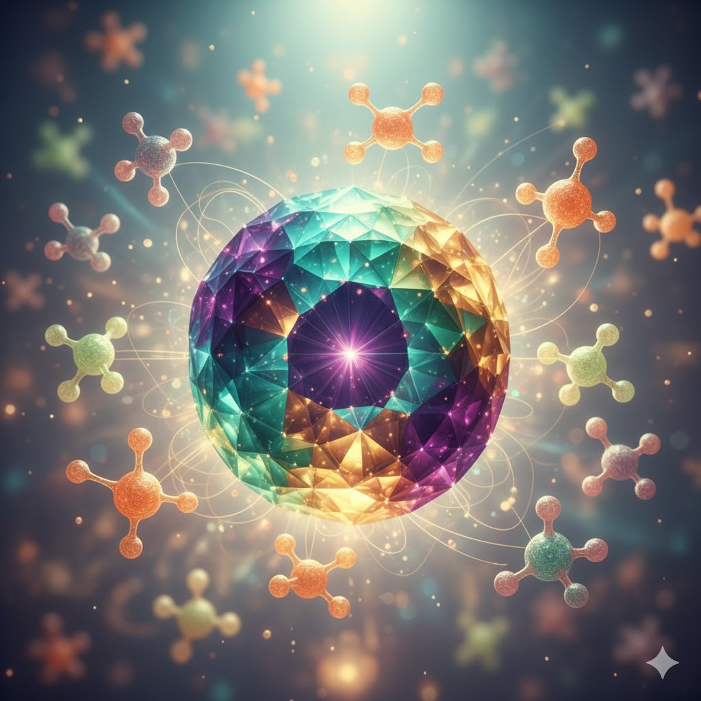 Tumormarkører symboliseret ved et øjelignende element i centrum og lysende farve med små model-celler omkring denne.