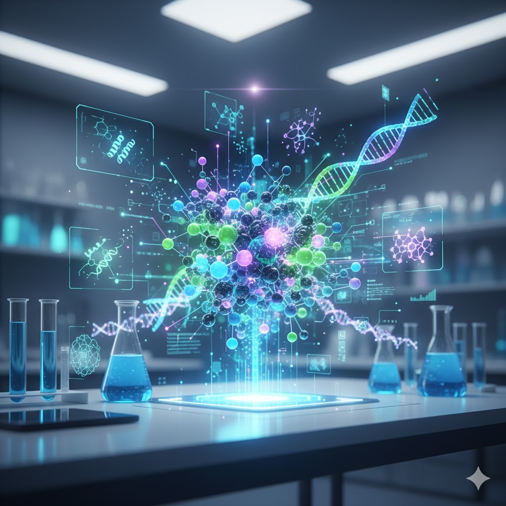 Tumormarkører symboliseret ved et laboratorie med dna-strenge og molekyler hen over.