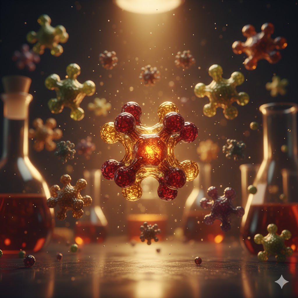 Tumormarkører symboliseret ved et billede med en masse molekylestrukturer i brun-gyldne farver.