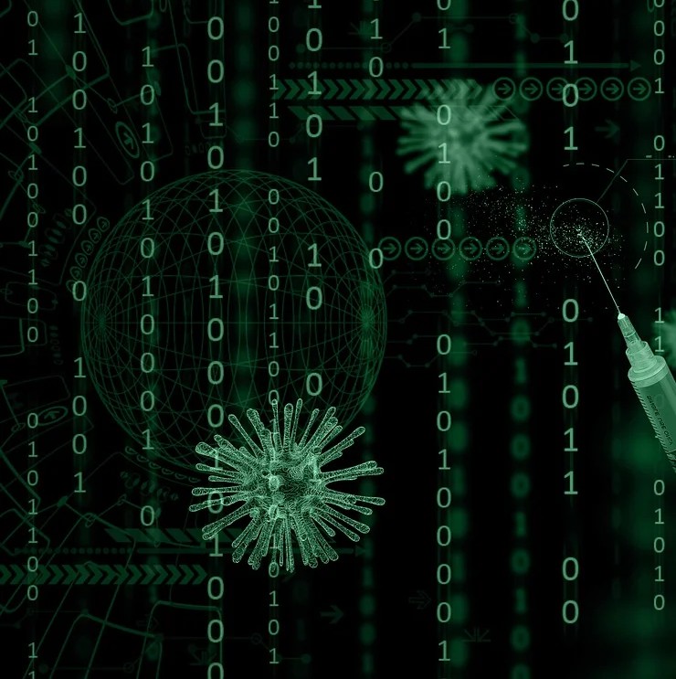 Vaccination - for og imod symboliseret ved grønne data på mørk baggrund. Enkelte viruslignende partikler i lysere grøn.