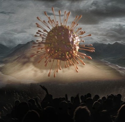 Vaccination - for og imod symboliseret ved en stor beige viruslignende ting, der fylder en stor del af jorden. Beige farver.