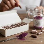 Vindruekerneekstrakt symboliseret ved en æske med kapsler, et glas med pulver en ske med pulver og en hånd der rækker en kapsel frem.